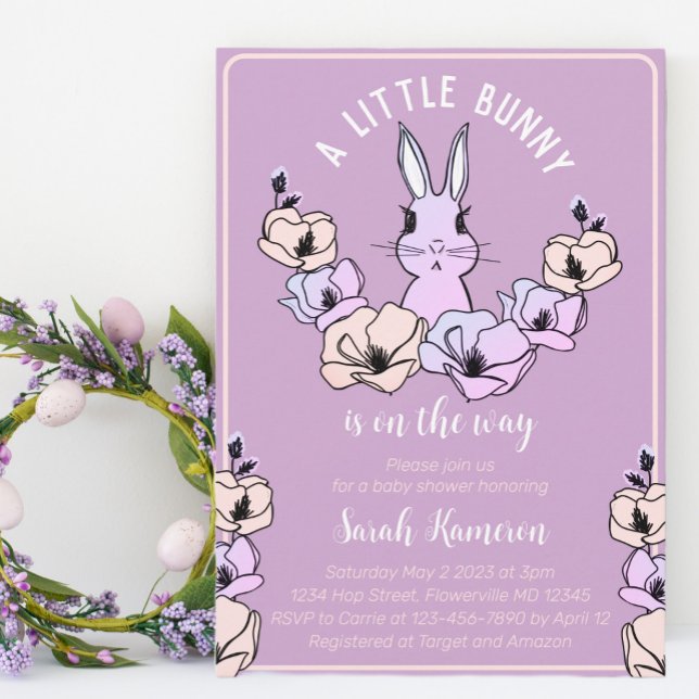 Invitación Little Bunny Cute Purple Floral Baby Shower (Subido por el creador)