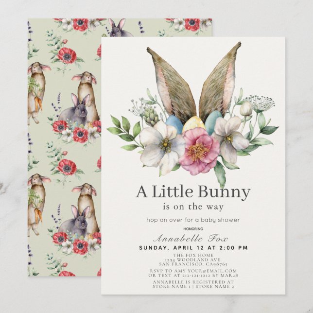 Invitación Little Bunny Ear Floral Green Baby Shower (Anverso / Reverso)