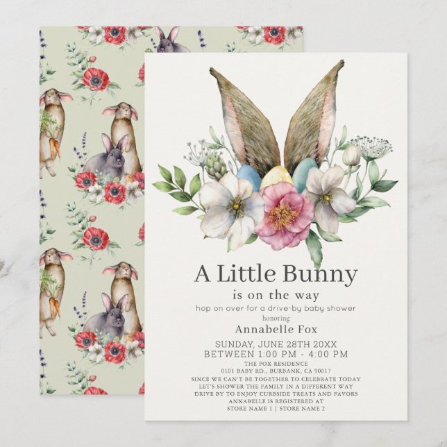 Invitación Little Bunny Ear Floral Green Drive by Baby Shower (Anverso / Reverso)
