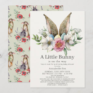 Invitación Little Bunny Ear Floral Green Drive by Baby Shower