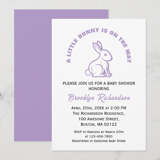 Invitación Little Bunny Easter White Purple Guay Baby Shower (Anverso / Reverso)