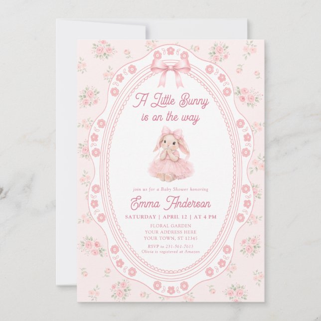 Invitación Little Bunny Floral Girl Baby Shower Invitation (Anverso)