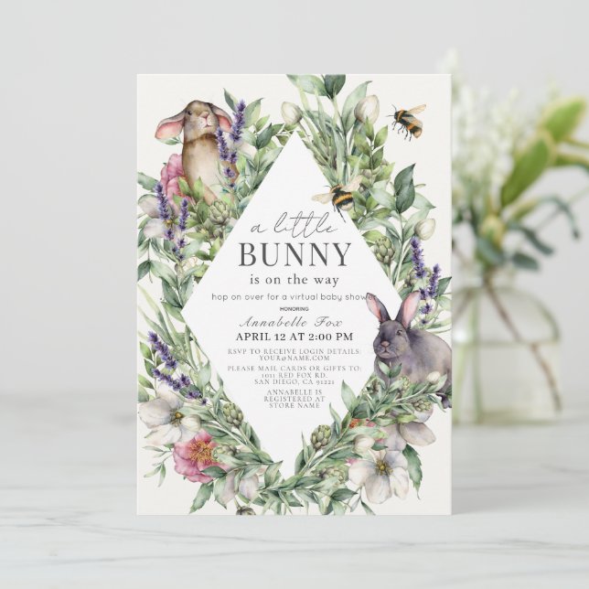 Invitación Little Bunny Greenery Rhombus Virtual Baby Shower (Anverso de pie)