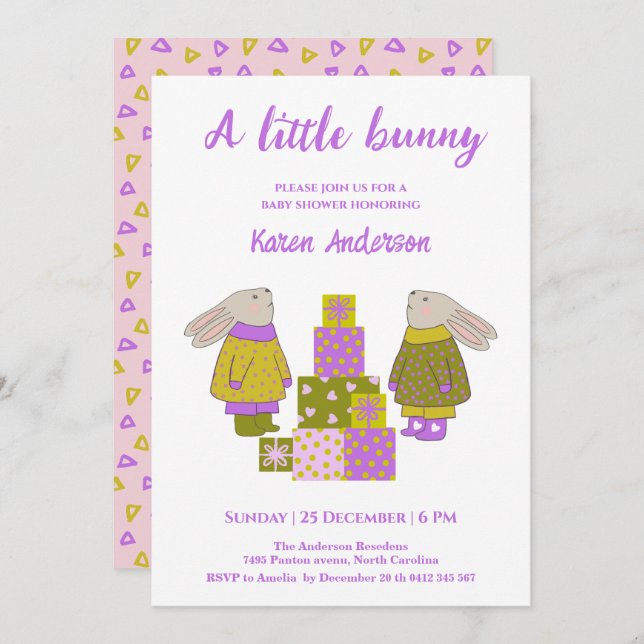 Invitación Little Bunny Presents Birthday Baby Shower   (Anverso / Reverso)