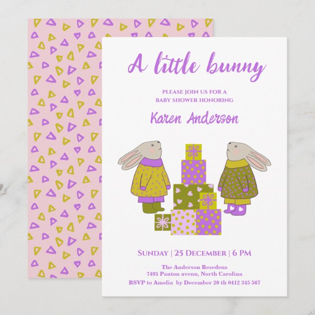 Invitación Little Bunny Presents Cumpleaños Baby Shower   (Anverso / Reverso)