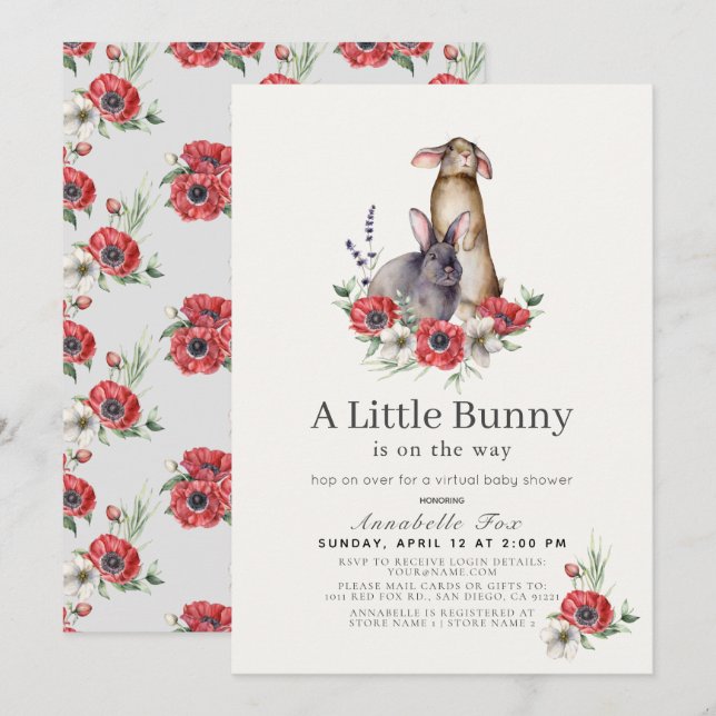 Invitación Little Bunny Red Anemone Virtual Baby Shower (Anverso / Reverso)