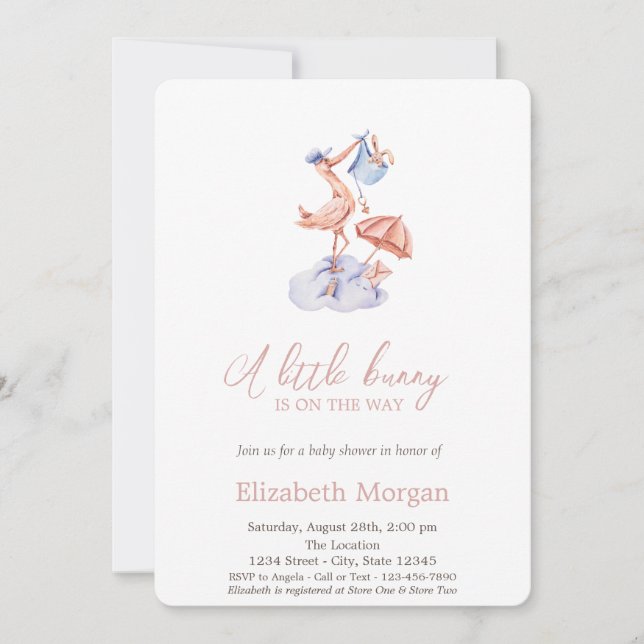 Invitación Little Bunny Stork Polka Dots Baby Shower (Anverso)