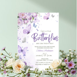 Invitación Little Butterflies Purple Floral Twins Baby Shower