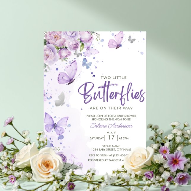 Invitación Little Butterflies Purple Floral Twins Baby Shower (Subido por el creador)