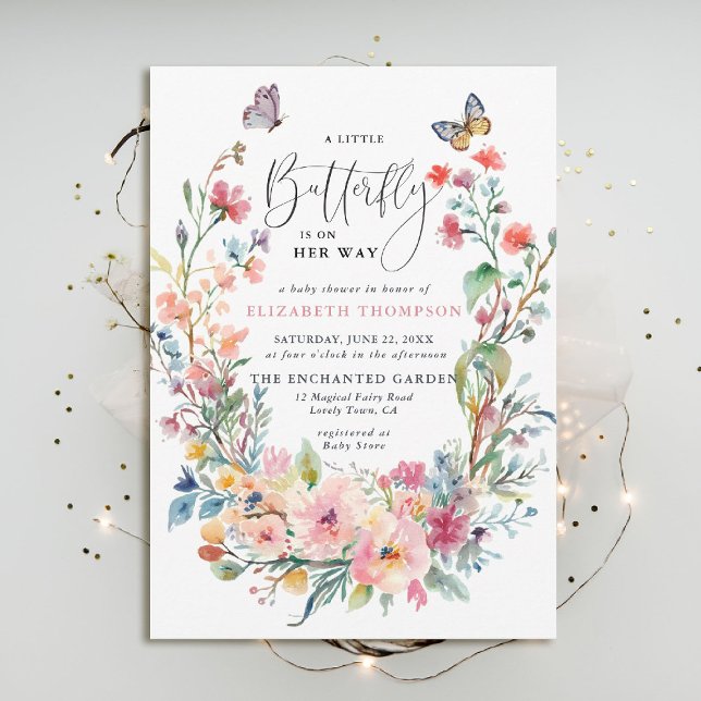 Invitación Little Butterfly Wildflowers Whimsical Baby Shower (butterfly baby shower invitation enchanted garden woodland forest bird spring summer whimsical roses)