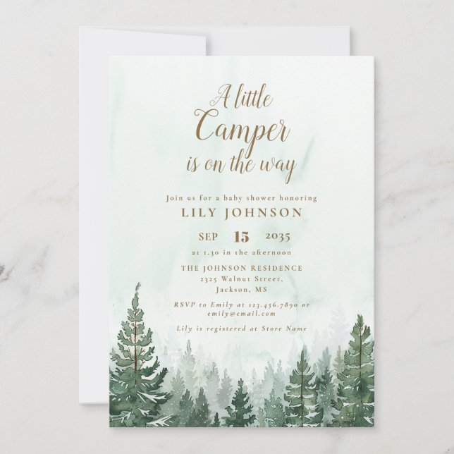 Invitación Little Camper Adventure Pine Forest Baby Shower (Anverso)