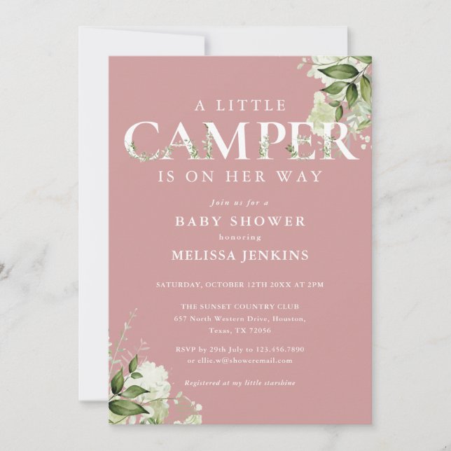 Invitación Little Camper Dusty Rosa Greenery Baby Shower (Anverso)