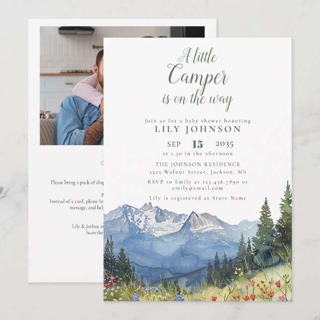 Invitación Little Camper Mountain Baby Shower Photo QR Code (Anverso / Reverso)