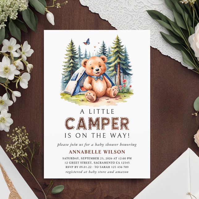 Invitación Little Camper Teddy Bear Watercolor Woodland (Subido por el creador)
