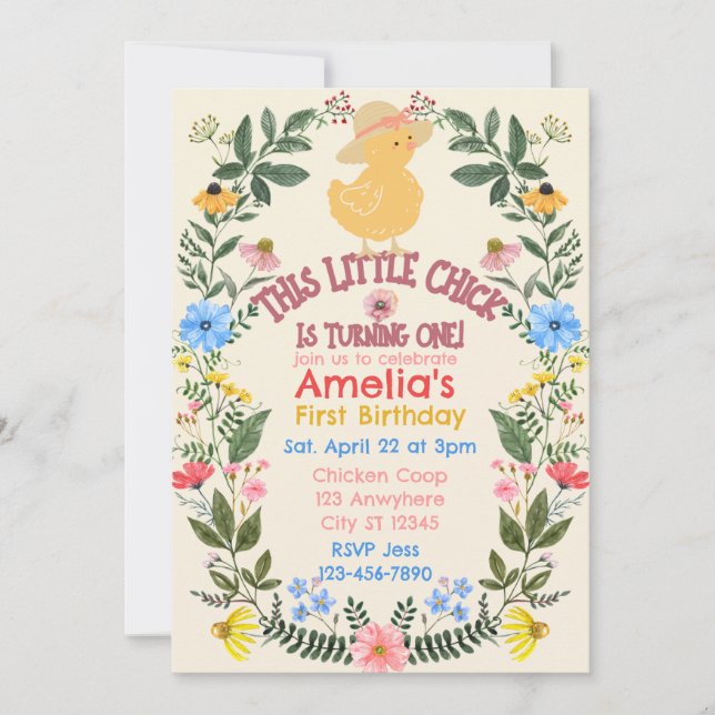 Invitación Little Chick is One, Floral 1st Birthday (Anverso)