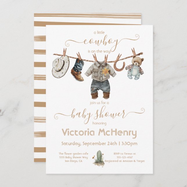 Invitación Little Cowboy Baby Boy Clothesline Baby Shower (Anverso / Reverso)