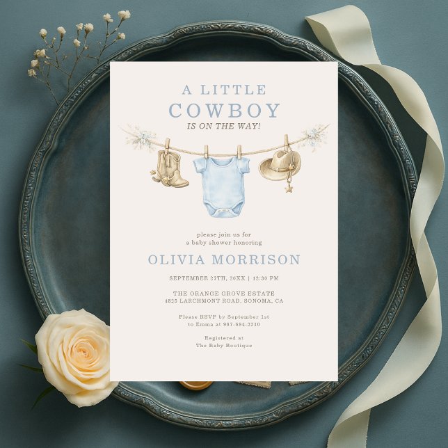 Invitación Little Cowboy Blue Clothesline Boy Baby Shower (Subido por el creador)