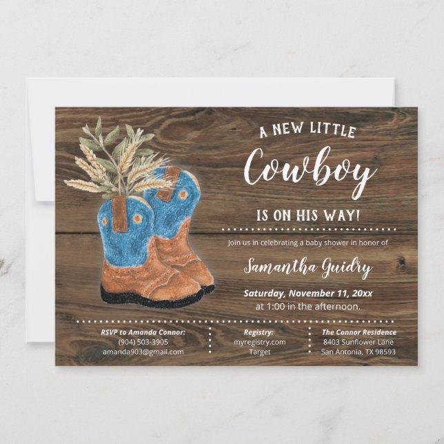 Invitación Little Cowboy Bootie Brown Wood Baby Shower (Anverso)