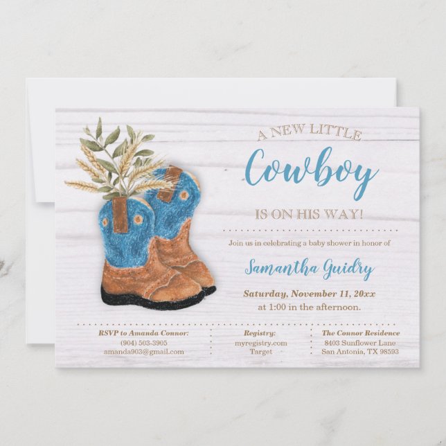 Invitación Little Cowboy Bootie White Wood Baby Shower (Anverso)