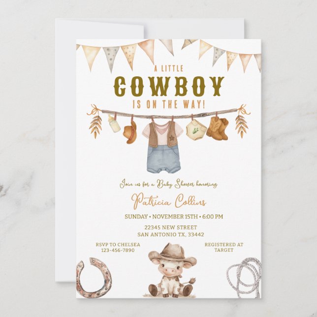 Invitación Little Cowboy está en el Camino de la Ropa de Baby (Anverso)