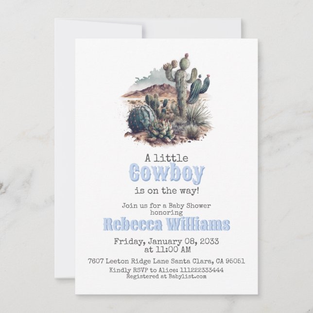 Invitación Little Cowboy Western Blue Boy Baby Shower (Anverso)