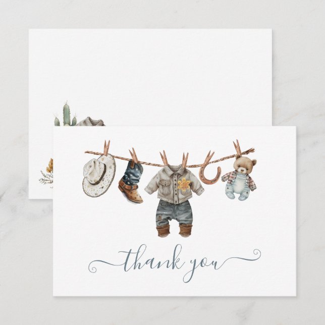 Invitación Little Cowboy Western Watercolor Gracias nota (Anverso / Reverso)