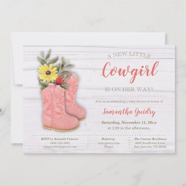 Invitación Little Cowgirl Bootie Baby Shower (Anverso)