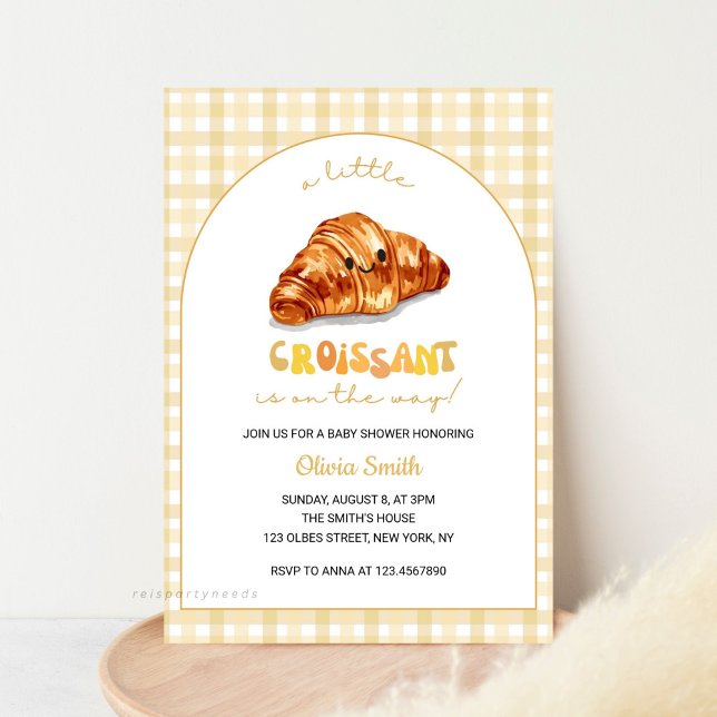 Invitación Little Croissant on the Way Baby Shower (Baby Shower Invitation, for Boy or Girl, Little Bun in the Oven, Croissant Baby Invite, Watercolor C)