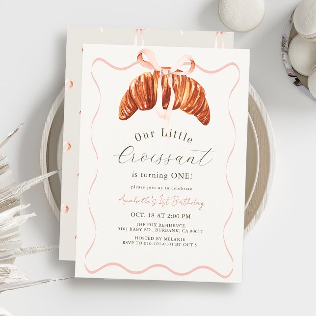 Invitación Little Croissant Pink Bow Ribbon Girl 1st Birthday (Subido por el creador)
