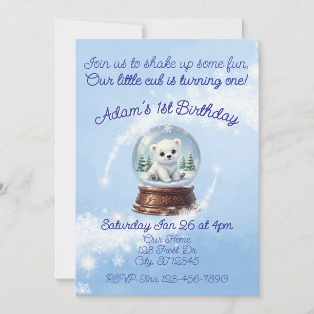Invitación Little Cub One, Polar Bear Snow Globe Birthday (Anverso)