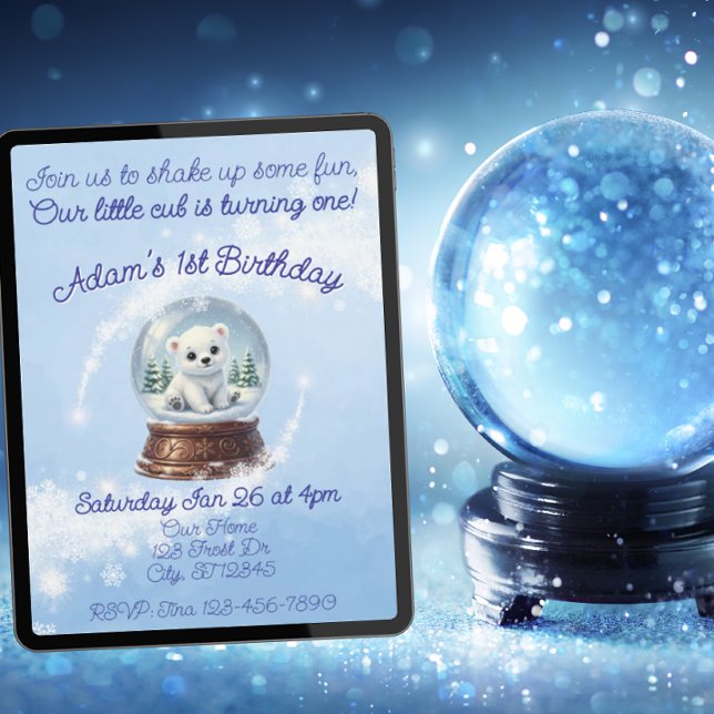 Invitación Little Cub One, Polar Bear Snow Globe Birthday (Subido por el creador)