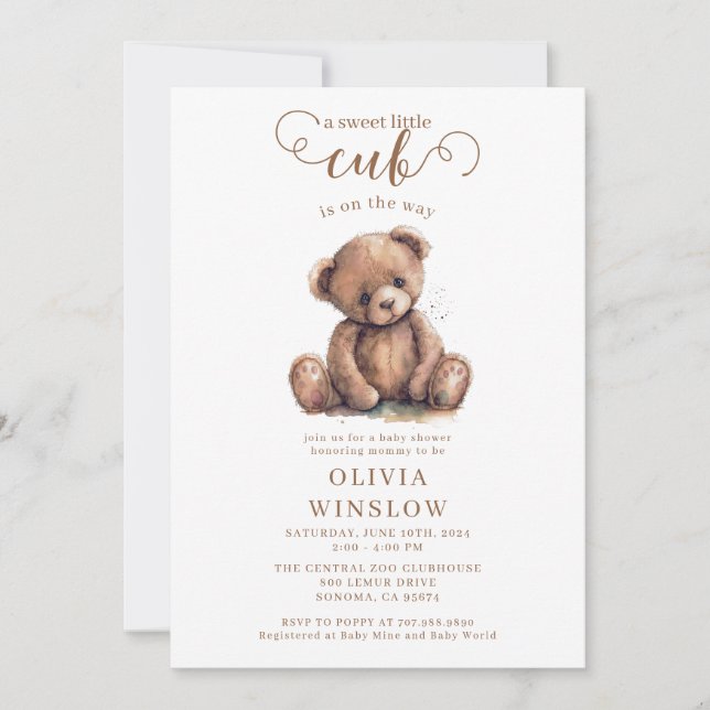 Invitación Little Cub Watercolor Teddy Bear Baby Shower (Anverso)