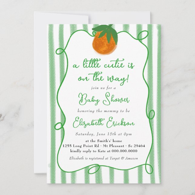 Invitación Little Cutie Baby Shower Citrus Naranja Baby Showe (Anverso)