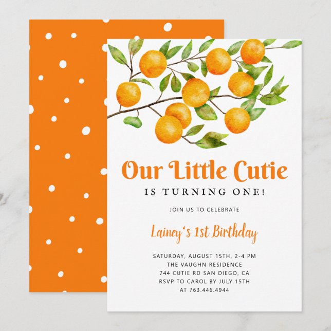 Invitación Little Cutie Birday Party (Anverso / Reverso)