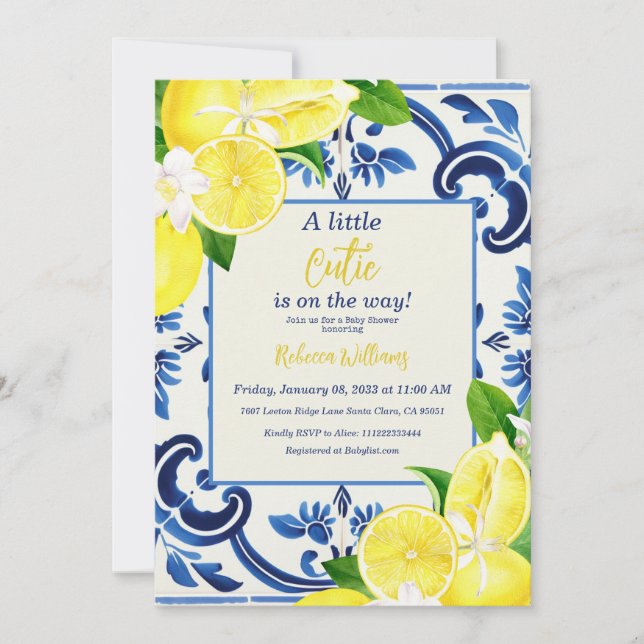 Invitación Little Cutie Blue Tile Lemon Fruit Baby Shower (Anverso)