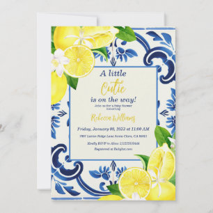 Invitación Little Cutie Blue Tile Lemon Fruit Baby Shower