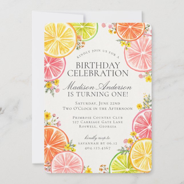 Invitación Little Cutie Citrus Naranja Floral Fiesta de cumpl (Anverso)