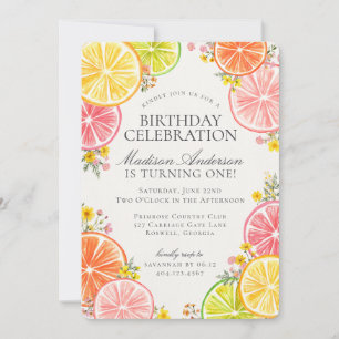 Invitación Little Cutie Citrus Naranja Floral Fiesta de cumpl