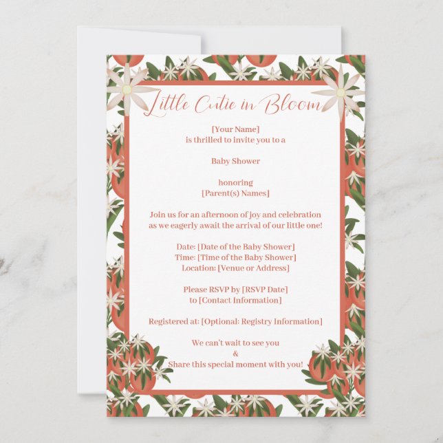 Invitación Little Cutie Clementine |Tema de Citrus Baby Showe (Anverso)