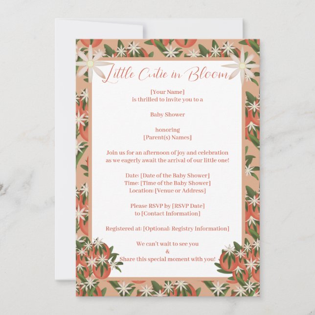 Invitación Little Cutie Clementine |Tema de Citrus Baby Showe (Anverso)