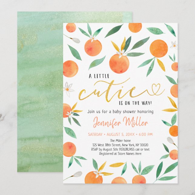 Invitación Little Cutie Greenery Gold Baby Shower (Anverso / Reverso)
