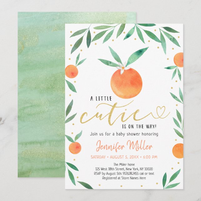 Invitación Little Cutie Greenery Gold Baby Shower (Anverso / Reverso)