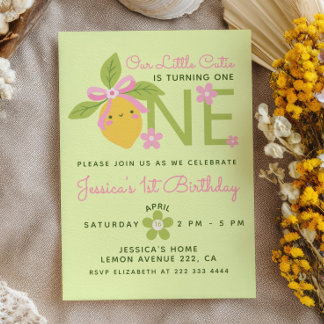 Invitación Little Cutie Lemon& Daisy Green 1st Birthday Party