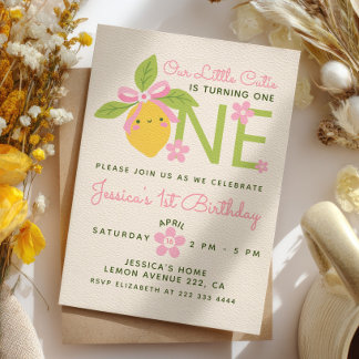 Invitación Little Cutie Lemon& Daisy Pink 1st Birthday Party