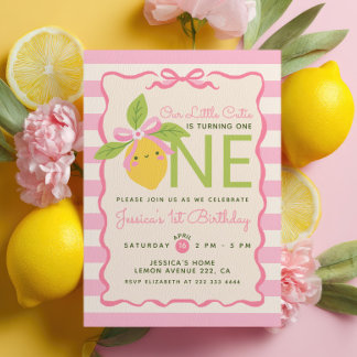 Invitación Little Cutie Lemon Fruit Pink 1st Birthday Party