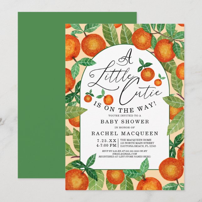 Invitación Little Cutie Naranja Botanit Baby Shower (Anverso / Reverso)