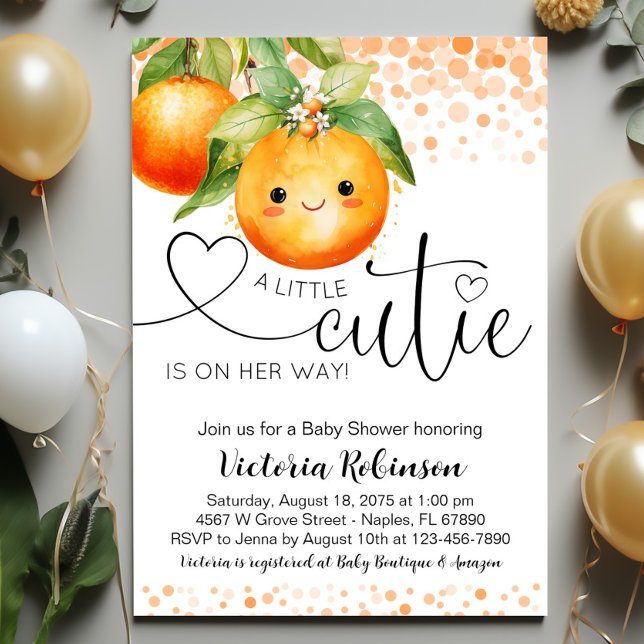 Invitación Little Cutie Naranja Citrus Baby Shower (Sweet little cutie baby shower invitation with adorable face. Easily customize for your event.)