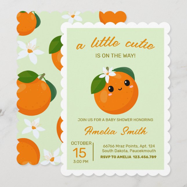 Invitación Little Cutie Naranja Clementine Baby Shower (Anverso / Reverso)