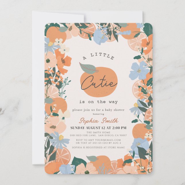 Invitación Little Cutie Naranja Floral Baby Shower (Anverso)