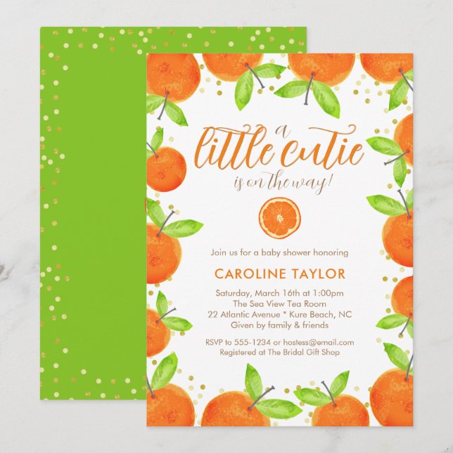 Invitación Little Cutie on Way Naranja Clementine Baby Shower (Anverso / Reverso)